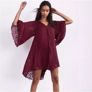 Anthropologie Toulon Pleated Oversized Swing Dress Holiday Party Burgundy